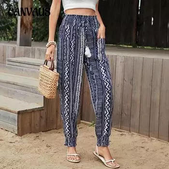 Летние женские брюки с карманами, длинные брюки, этнические брюки с высокой талией и принтом S синий