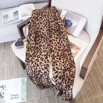 Летние женские брюки с леопардовым принтом и высокой талией, свободные повседневные прямые брюки, женские модные женские брюки S