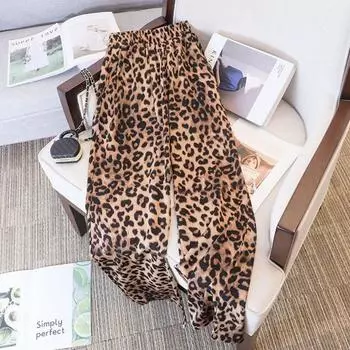 Летние женские брюки с леопардовым принтом и высокой талией, свободные повседневные прямые брюки, женские модные женские брюки S