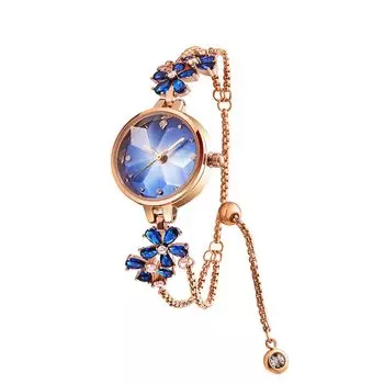 Летние женские часы Time100 с японским кварцевым браслетом, многогранным стеклянным кристальным ремешком, водонепроницаемые женские часы с подарочной коробкой (Синий цвет)