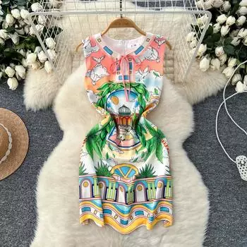 Летние женские дизайнерские платья с принтом на подиуме, милые короткие платья без рукавов на бретелях S розовый