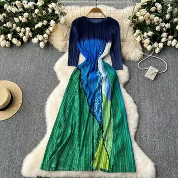Летние женские дизайнерские принты градиентного цвета платья для взлетно-посадочной полосы Длинные макси негабаритные свободные плиссированные вечерние халаты One Size