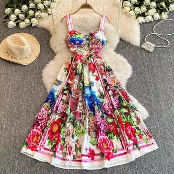 Летние женские дизайнерские принты на подиуме Элегантные платья на тонких бретельках для отдыха на пляже S