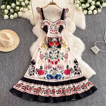 Летние женские дизайнерские винтажные платья с принтом для подиума Элегантные оборки на тонких бретельках Длинные вечерние платья макси S красный