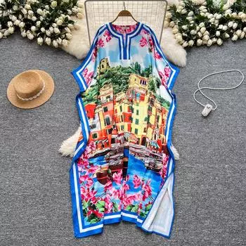 Летние женские дизайнерские винтажные принты на подиуме платья с рукавами «летучая мышь» свободного покроя, длинные макси-платья для отдыха на пляже S