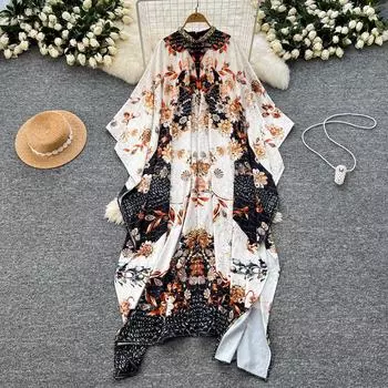 Летние женские дизайнерские винтажные принты на подиуме платья, роскошные, с бисером, рукава «летучая мышь», свободные, длинные, макси, праздничные, пляжные платья S