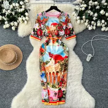 Летние женские дизайнерские винтажные принты платья с подиумом с круглым вырезом длинное миди облегающее платье-карандаш для офиса S