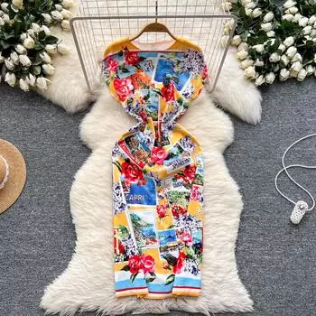 Летние женские дизайнерские винтажные принты с розами на подиуме короткие рукава для офисных вечеринок облегающие платья-карандаши S жёлтый