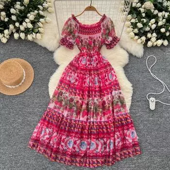 Летние женские дизайнерские винтажные принты шифоновые платья для подиума сексуальные платья с открытыми плечами для праздников S розы красного