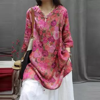 Летние женские длинные футболки в винтажном стиле с V-образным вырезом и цветочным принтом, свободные женские повседневные топы с рукавами Hlaf XXL розовый