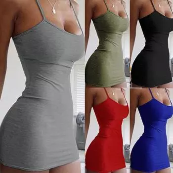 Летние женские длинные майки тонкие мини однотонные сексуальные платья без рукавов XXXL