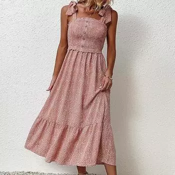 Летние женские длинные платья без бретелек с высокой талией и принтом с бантом и сломанным цветком S розовый