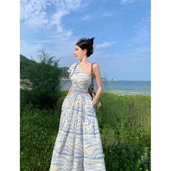 Летние женские длинные платья без рукавов с висячим вырезом и без бретелек на берегу моря S белый/синий