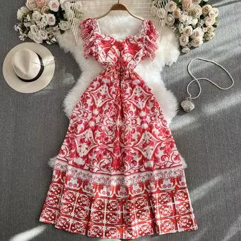 Летние женские длинные пляжные платья с v-образным вырезом и принтом макси S красный