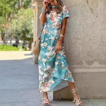 Летние женские длинные повседневные платья с круглым вырезом и короткими рукавами с цветочным принтом S