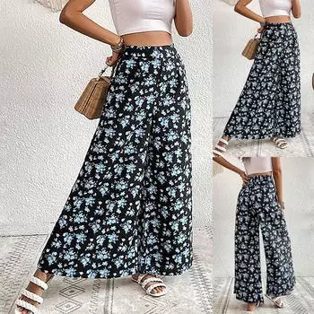 Летние женские драпированные чувства самосовершенствования Темпераментные плиссированные цветочные брюки с высокой талией и карманами Широкие дышащие расклешенные брюки Широкие брюки S