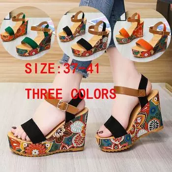 Летние женские дышащие сандалии с открытым носком, обувь на танкетке с цветочной пряжкой и ремешком 38 чёрный