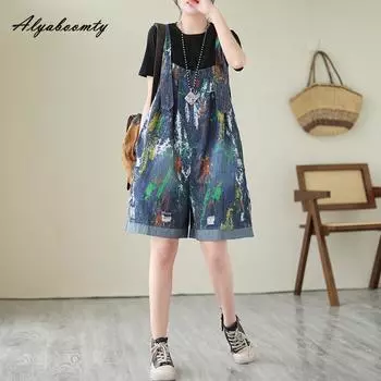 Летние женские джинсовые комбинезоны в корейском стиле с синим принтом, стильные повседневные свободные комбинезоны, винтажные мешковатые рваные комбинезоны с широкими штанинами, короткие комбинезоны M