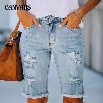 Летние женские джинсовые рваные модные джинсы с бахромой и необработанными краями S светло-синий