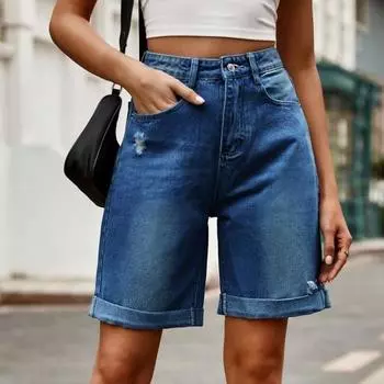 Летние женские джинсовые шорты со средней талией, длиной до колена, эластичные, повседневные, широкие, прямые, потертые, с манжетами, короткие джинсы с карманами M