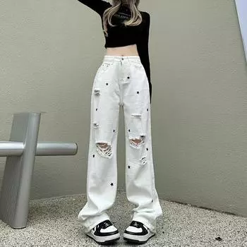 Летние женские джинсы, белые джинсовые брюки с рваными отверстиями, с принтом звезд и высокой талией, брюки y2k, повседневные свободные прямые брюки в стиле Харадзюку для парня-бойфренда S белый