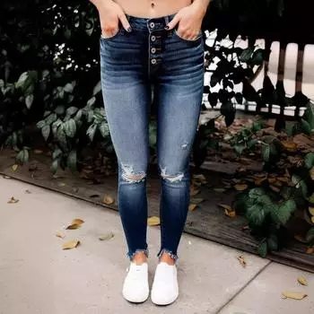 Летние женские джинсы Stretch Hole Slim Comfortable Брюки со средней посадкой S темно-синий