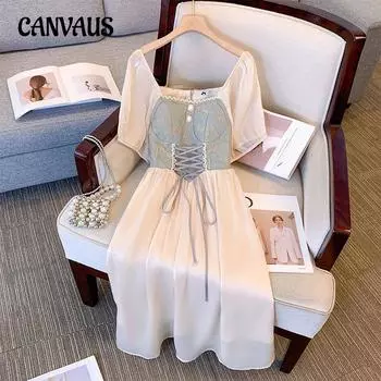 Летние женские французские платья больших размеров с талией и талией XL абрикосовый