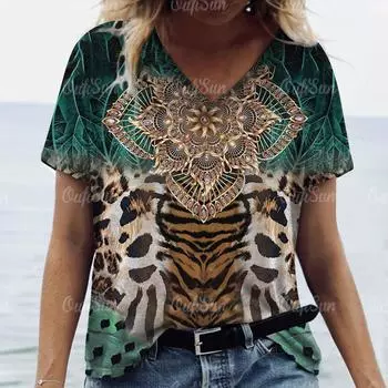 Летние женские футболки 3D винтажный принт градиент Harajuku футболка свободного покроя женская одежда короткий рукав V-образный вырез топ S