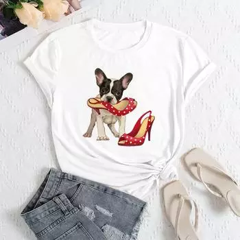 Летние женские футболки больших размеров с принтом собак из чистого хлопка, свободные повседневные футболки с круглым вырезом и короткими рукавами для женщин S белый