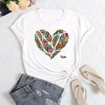 Летние женские футболки больших размеров с принтом в виде перьев и сердец, свободные, с круглым вырезом, повседневные, из чистого хлопка, с короткими рукавами, женские S белый