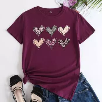 Летние женские футболки больших размеров с цветным принтом в виде сердца, свободные, с круглым вырезом, повседневные, из чистого хлопка, с короткими рукавами, женские S вино красного