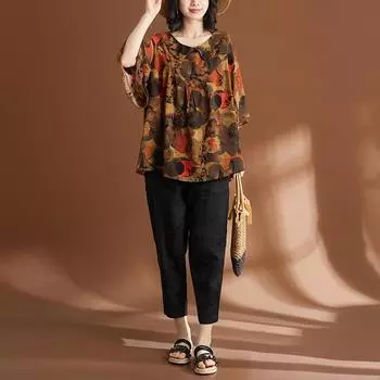 Летние женские футболки больших размеров с принтом из льна с коротким рукавом в горошек, винтажные топы, футболки, свободная повседневная рубашка One Size коричневый