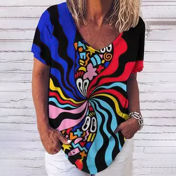 Летние женские футболки, цветные принтованные топы с V-образным вырезом, модная женская одежда в стиле Харадзюку, футболки для девочек, свободные повседневные футболки больших размеров S