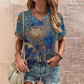 Летние женские футболки, футболка с коротким рукавом, одежда большого размера с 3d принтом, топы, свободные футболки с v-образным вырезом для женщин, новинка 2024, уличная одежда S