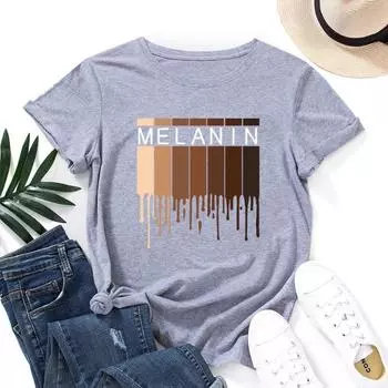 Летние женские футболки из хлопка с принтом MELANIN, свободные, с круглым вырезом и короткими рукавами, женские S чёрный
