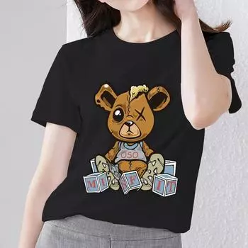 Летние женские футболки Kawaii с рисунком плюшевого мишки, женские топы, женские черные универсальные футболки с круглым вырезом и короткими рукавами, одежда XXXL