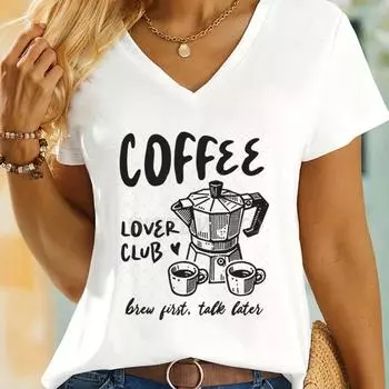 Летние женские футболки Клуб любителей кофе Футболка с коротким рукавом V-образный вырез Повседневные топы Подарок для любителя кофе Новая мода Повседневная футболка Топы S