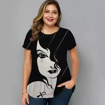 Летние женские футболки Крупногабаритные топы с художественным лицом и графикой Свободная уличная одежда с круглым вырезом Одежда с короткими рукавами Женские рубашки Футболки 5XL