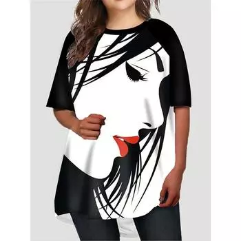 Летние женские футболки Крупногабаритные топы с художественным лицом и графикой Свободная уличная одежда с круглым вырезом Одежда с короткими рукавами Женские рубашки Футболки S