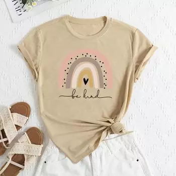 Летние женские футболки Love Printed Loose Round Neck Casual из чистого хлопка с короткими рукавами для женщин S абрикосовый