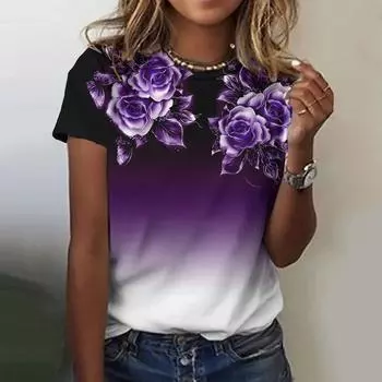 Летние женские футболки, модная футболка с цветочным рисунком, повседневные футболки с короткими рукавами, готические топы, повседневная базовая женская одежда большого размера S