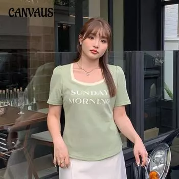 Летние женские футболки, модные топы с квадратным вырезом, топы с короткими рукавами и принтом больших размеров XL чёрный