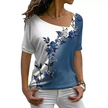 Летние женские футболки с 3d цветочным принтом и V-образным вырезом, топы с короткими рукавами, повседневная женская футболка, модные футболки в стиле Харадзюку, женская одежда Y2k S