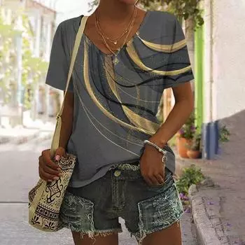 Летние женские футболки с 3d цветовым градиентом и графическим принтом Fsahion, повседневные топы с короткими рукавами и v-образным вырезом, футболка большого размера, женская одежда S