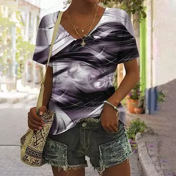 Летние женские футболки с 3d цветовым градиентом и графическим принтом Fsahion, повседневные топы с короткими рукавами и v-образным вырезом, футболка большого размера, женская одежда S