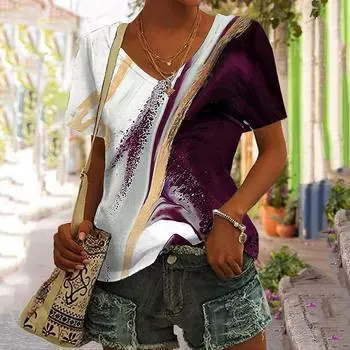 Летние женские футболки с 3d цветовым градиентом и графическим принтом Fsahion, повседневные топы с короткими рукавами и v-образным вырезом, футболка большого размера, женская одежда S