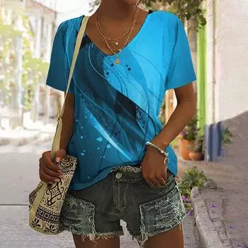 Летние женские футболки с 3d цветовым градиентом и графическим принтом Fsahion, повседневные топы с короткими рукавами и v-образным вырезом, футболка большого размера, женская одежда S