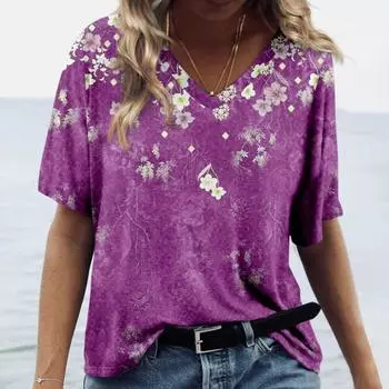 Летние женские футболки с 3d модным цветочным принтом Harajuku, футболки большого размера для женской одежды, новые топы с короткими рукавами и v-образным вырезом 4XL