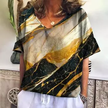 Летние женские футболки с 3D модным принтом и градиентом Harajuku, футболки большого размера для женской одежды, новые топы с короткими рукавами и v-образным вырезом S