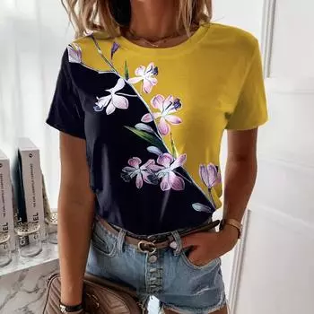 Летние женские футболки с 3D-печатью и росписью, с круглым вырезом, повседневные, пуловеры, футболки на цветочную тематику, новый элегантный топ XS
